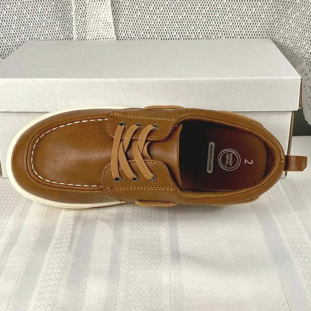 NWT Size 2 Boys Wonder Nation Brown Boat Shoe Slip On Memory Foam Back-to-School